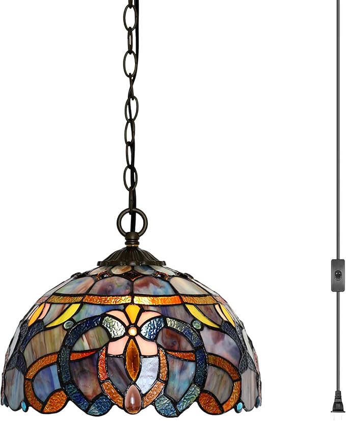 Tiffany Pendant Light Plug-in Stained Glass Hanging Lamp 12”x12”x181” Blue Baroque Swag Light Decorative Vintage Lighting for Dining Room Living Room Kitchen Hallway Bedroom