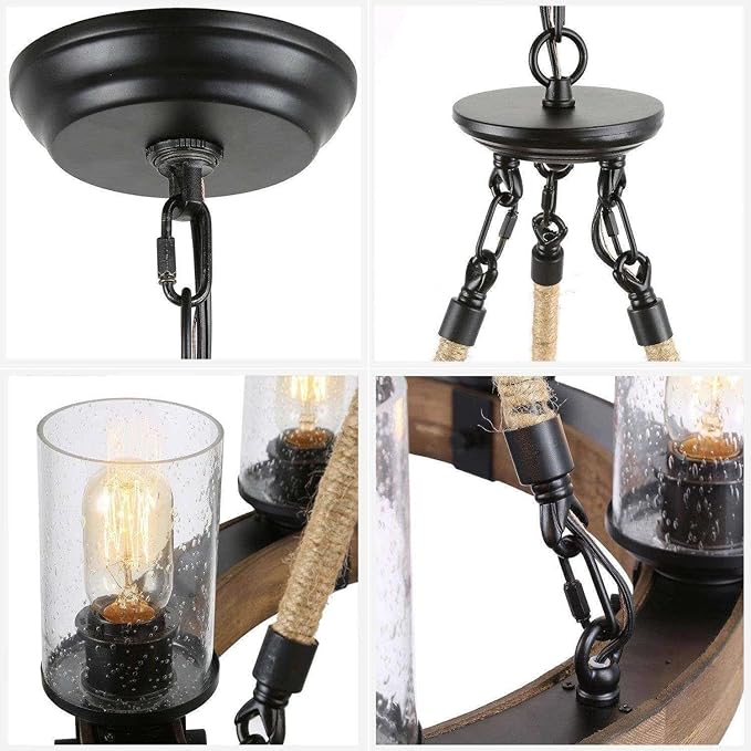 Farmhouse Wood Chandelier, Round Wagon Wheel Light Fixture with Seeded Glass Shades & Hemp Rope for Dining Room, Living Room, Bedroom, Kitchen Island, and Foyer