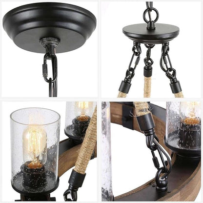 Farmhouse Wood Chandelier, Round Wagon Wheel Light Fixture with Seeded Glass Shades & Hemp Rope for Dining Room, Living Room, Bedroom, Kitchen Island, and Foyer