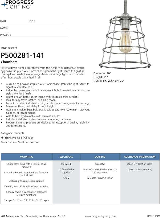 Progress Lighting Chambers Collection 1-Light Farmhouse Pendant Light Galvanized