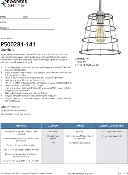 Progress Lighting Chambers Collection 1-Light Farmhouse Pendant Light Galvanized