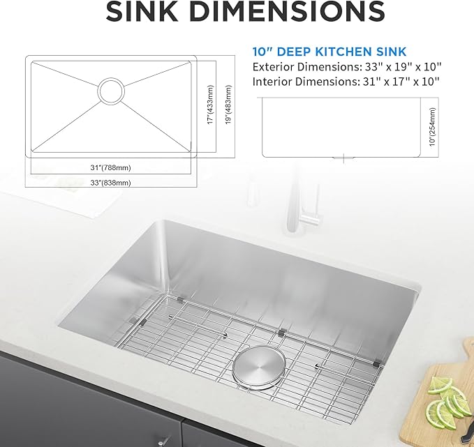 SANYCASA 33 Inch Undermount Kitchen Sink with Quiet Drain, Bottom Grid - 11 Gauge Stainless Steel Single Bowl