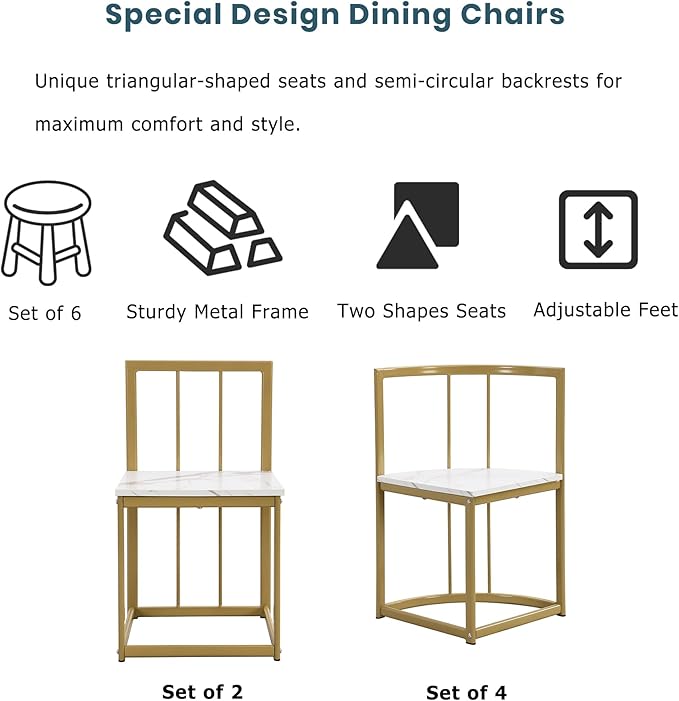 RuiSiSi Modern Dining Table Set for 6 Kitchen Table Set with 6 Dining Chairs and Faux Marble Tabletop for Kitchen, Dining Room, Small Space, Gold+White