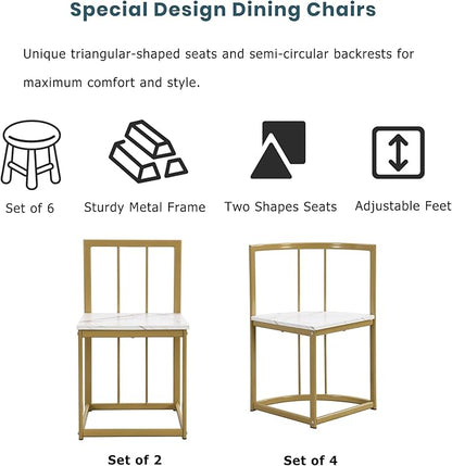 RuiSiSi Modern Dining Table Set for 6 Kitchen Table Set with 6 Dining Chairs and Faux Marble Tabletop for Kitchen, Dining Room, Small Space, Gold+White