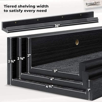 Icona Bay 36 Inch Floating Shelves for Wall - Set of 3 in Ebony Black - Modern Rustic Style - Wall Mounted Display Shelves - Picture Ledges