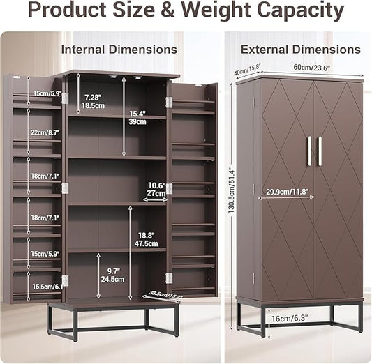 kepptory 51” Kitchen Pantry Storage Cabinet, White Freestanding Pantry Cabinets with Doors and Adjustable Shelves, Buffet Cupboards Storage Cabinet for Home Office Use, Dinning Room(Brown)