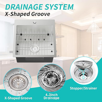 Kitchen Sink, Stainless Steel 18 x 18 Inch Drop In Bar Sink Top Mount Kitchen Sink Single Bowl Kitchen Sink Set - Sink Grid, Silicon Mat,Drain Assembly For Modern Kitchen Stylish and Functional