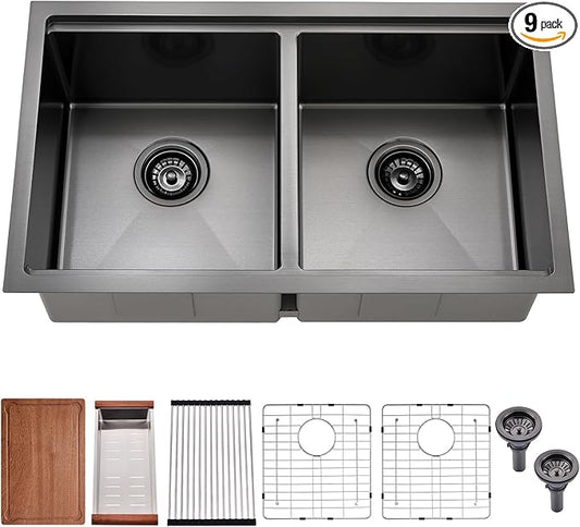30 Inch Black Undermount Kitchen Sink Double Bowl - 30x18 Undermount Workstation Sink 16 Gauge Black Stainless Steel 10 Inch Deep Double Bowl Kitchen Sinks