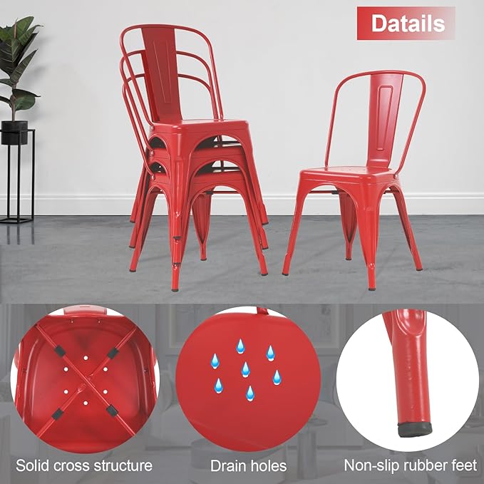 Metal Chairs Set of 4 Stackable Chairs Patio Chairs 18 Inch Seat Height Restaurant Chair Chic Metal Kitchen Dining Chairs Trattoria Chairs Indoor/Outdoor Metal Tolix Side Bar Chairs