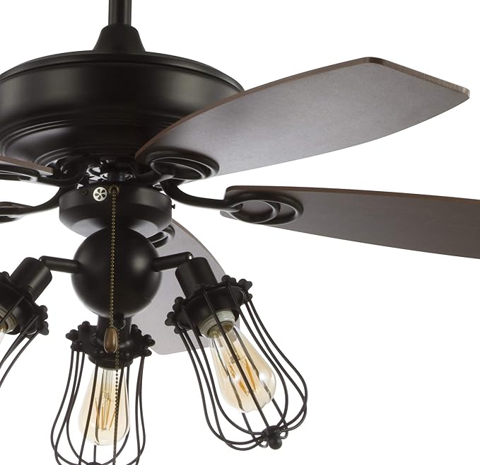 JONATHAN Y 52" Black 3-Light Iron and Wood Ceiling Fan, Industrial Caged Design with 5 Reversible Ashwood/Brown Blades, Pull-Chain, Rustic Farmhouse Style, LED Bulbs Included JYL9601A