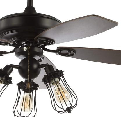 JONATHAN Y 52" Black 3-Light Iron and Wood Ceiling Fan, Industrial Caged Design with 5 Reversible Ashwood/Brown Blades, Pull-Chain, Rustic Farmhouse Style, LED Bulbs Included JYL9601A