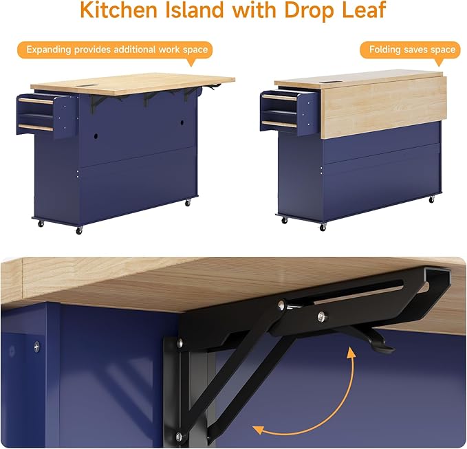 ComfyCorner 60" Rolling Large Kitchen Island on Wheels with Extendable Table, Drop Leaf & Power Outlet, Mobile Kitchen Cart with Storage Cabinet, 2 Drawers, Spice Rack, Towel & Knife Holder, Blue