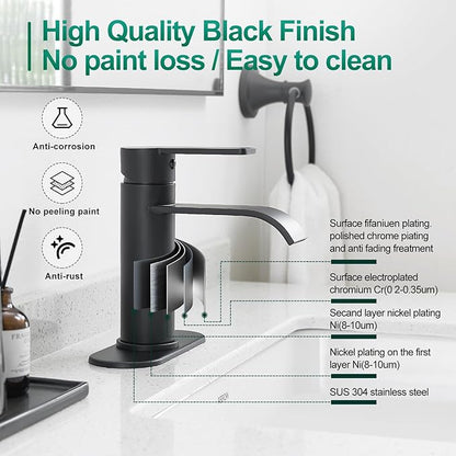 VOTON Matte Black Waterfall Bathroom Faucet, Single Handle 1 or 3 Hole Modern Sink Faucet with Deck Plate & Pop-Up Drain, RV Camper Washbasin Tap