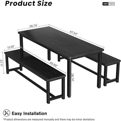 Recaceik 47” Dining Table Set for 4, 3-Piece Kitchen Table with 2 Benches, Wood Kitchen Table and Chair Set, Space-Saving Dining Room Set Dinette Set for Breakfast Nook and Small Space, Black