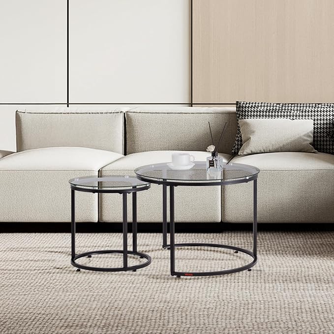 VEVOR Nesting Coffee Table Set of 2, 23.6 in Round Coffee Table, Glass Nesting Tables for Small Place, Modern End Side Tables Night Stand with Metal Frame, for Living Room, Bedroom, Balcony, Office
