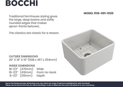BOCCHI Classico Farmhouse Apron Front Fireclay 20 in. Single Bowl Kitchen Sink with Protective Bottom Grid and Strainer in White