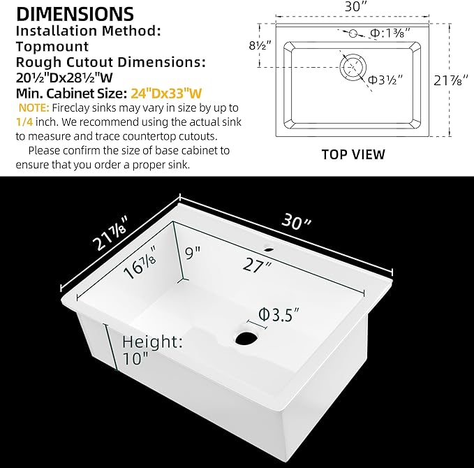 Miuara White Kitchen Sink Drop In 1 Hole 30"x22" - Small Topmount Fireclay Sink 30 Inch, Heavy Duay Deep Single Bowl, with 2 Custom Accessories, Glossy White, for Kitchen & Laundry