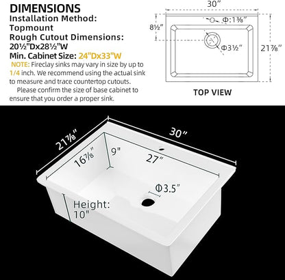 Miuara White Kitchen Sink Drop In 1 Hole 30"x22" - Small Topmount Fireclay Sink 30 Inch, Heavy Duay Deep Single Bowl, with 2 Custom Accessories, Glossy White, for Kitchen & Laundry