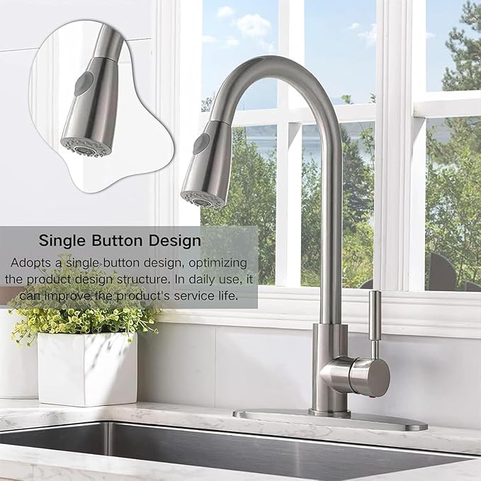 Comllen Kitchen Faucet with Pull Down Sprayers, Brushed Nickel Kitchen Faucets, Modern Pull Out Stainless Steel Kitchen Sink Faucet Single Handle Faucet Swivel Spout with Deck Plate
