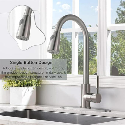 Comllen Kitchen Faucet with Pull Down Sprayers, Brushed Nickel Kitchen Faucets, Modern Pull Out Stainless Steel Kitchen Sink Faucet Single Handle Faucet Swivel Spout with Deck Plate