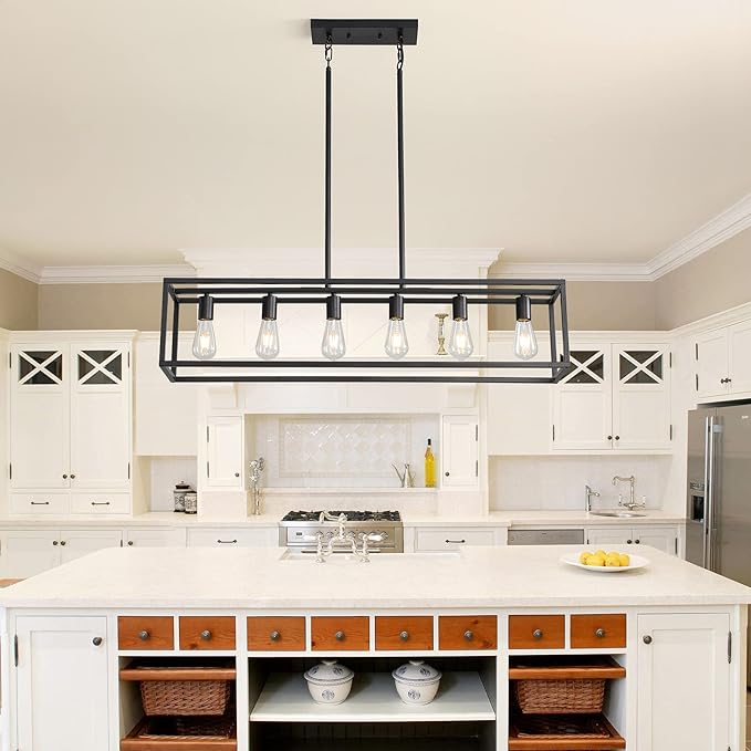 41'' Dining Room Light Fixture, 6-Light Black Chandeliers for Dining Room, Linear Kitchen Light Fixtures, Modern & Farmhouse Style, Rectangle, Height Adjustable (E26, Metal)