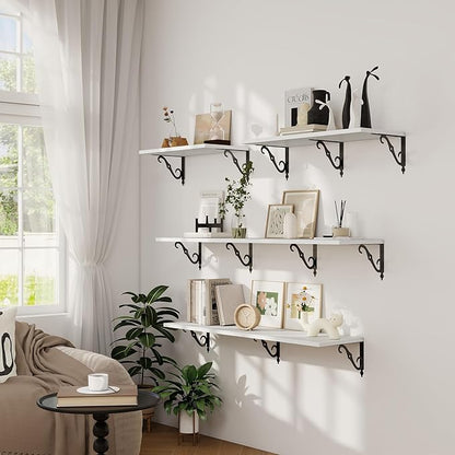Dreamland Deep Floating Shelves, 55" W x 12" D Wall Shelves Set of 2, Wide Display Shelf Wall Mounted with Brackets, Bookshelf for Living Room, Bathroom, Bedroom, White