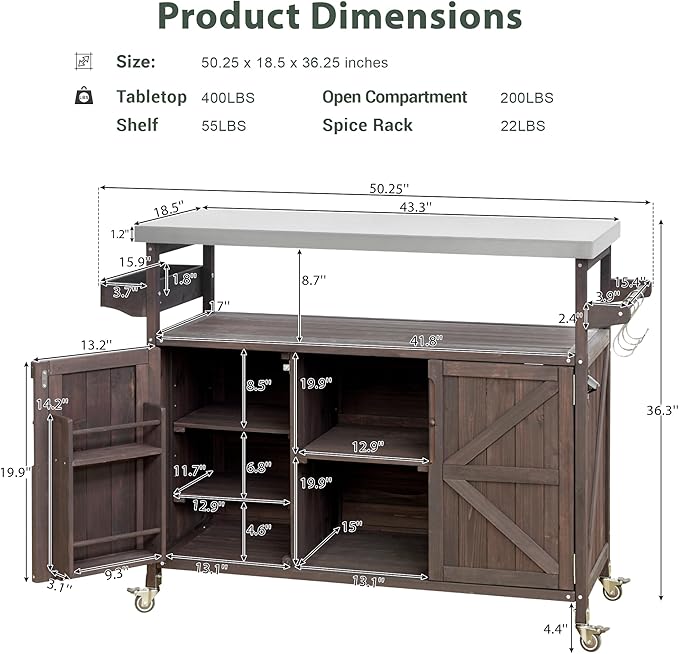 50.25" Kitchen Island Rolling Bar Cart & Storage Cabinet, Farmhouse Solid Wood Outdoor Grill Table with Stainless Steel Top and Spice, Towel Rack for BBQ,Dark Brown