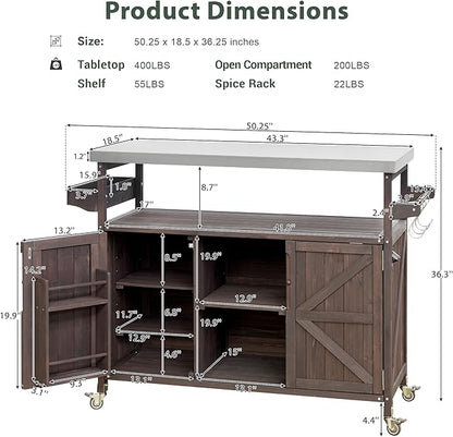 50.25" Kitchen Island Rolling Bar Cart & Storage Cabinet, Farmhouse Solid Wood Outdoor Grill Table with Stainless Steel Top and Spice, Towel Rack for BBQ,Dark Brown