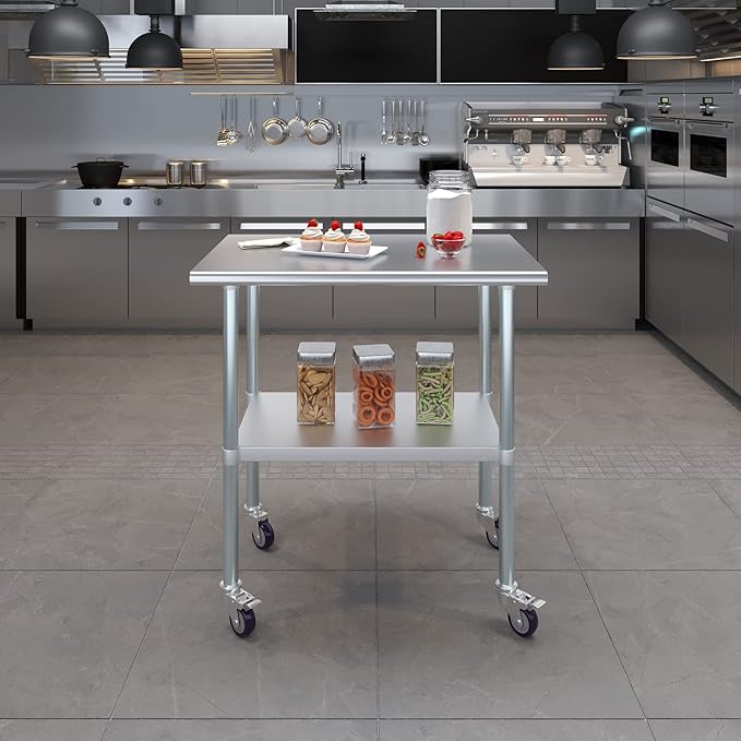 Stainless Steel Work Table with Wheels | NSF Kitchen Island Food Prep | Laundry Garage Utility Bench (Table + Wheels, 36" Long x 24" Deep)