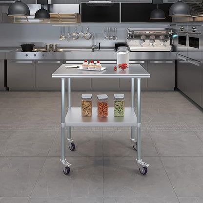 Stainless Steel Work Table with Wheels | NSF Kitchen Island Food Prep | Laundry Garage Utility Bench (Table + Wheels, 36" Long x 24" Deep)