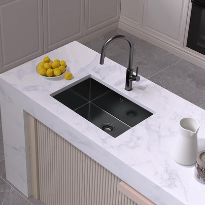 Kitchen Sink 27x18 Inch Undermount Kitchen Sink Gunmetal Black 16 Gauge Stainless Steel Single Bowl with Accessories Round Corners Handmade