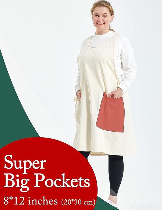 Big Plus Size Aprons for Women with Pockets Cotton Linen Baking Kitchen Cooking
