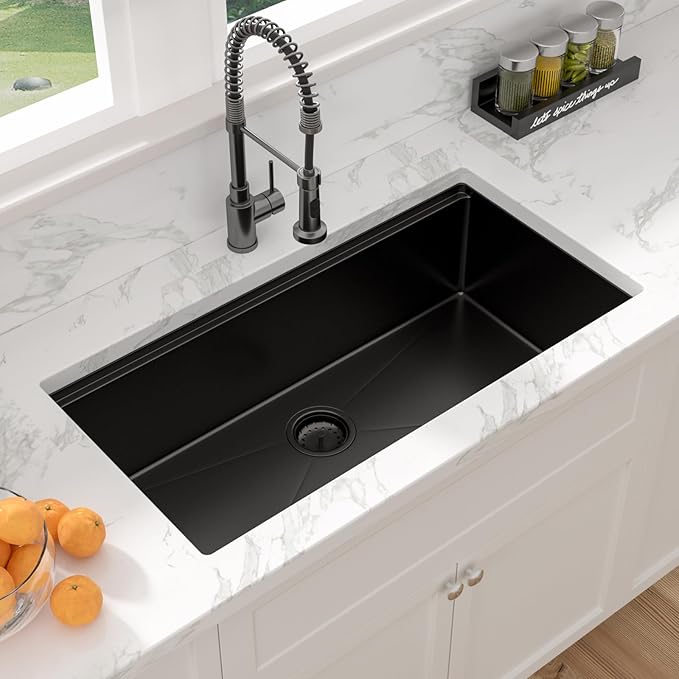 Sarlai 36 Matte Black Undermount Kitchen Sink - 36x19 Inch Black Kitchen Sink Workstation with Ledge NANO-Tech Stainless Steel Single Bowl Round Corner 16 Gauge Sinks Basin