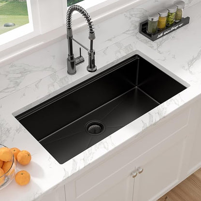 Sarlai 36 Matte Black Undermount Kitchen Sink - 36x19 Inch Black Kitchen Sink Workstation with Ledge NANO-Tech Stainless Steel Single Bowl Round Corner 16 Gauge Sinks Basin