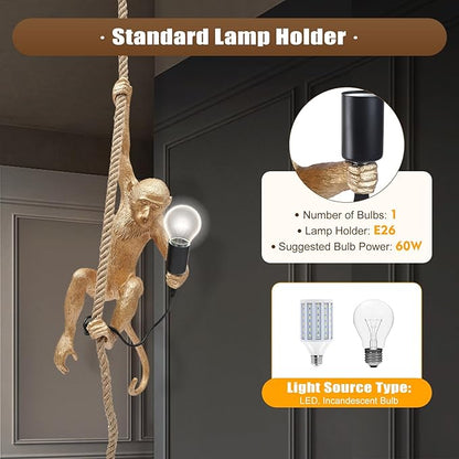 Creative Monkey Hanging Lamp, Monkey Shape Decoration Chandelier, Industrial Retro Edison Ceiling Pendant Light Fixture E26 for Dining Living Room Bedroom Bar Cafe-Gold