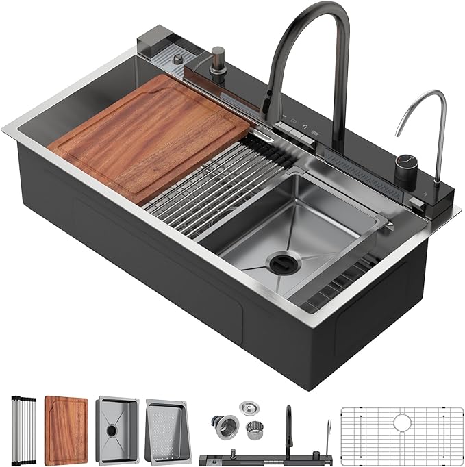 36 Inch Waterfall Kitchen Sink - Beslend 36x19 Drop In Waterfall Sink Stainless Steel Workstation Modern Smart Sinks 16 Gauge Single Bowl with Faucet Combo, Digital Display and Fancy Ambient Light BSL