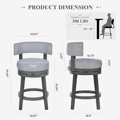 COLAMY Swivel Bar Stools Set of 2, 25 Inch Wood Swivel Barstools with Back, Counter Height Bar Stools, Modern Upholstered Barstools for Kitchen Island Dining Room Bar, Grey