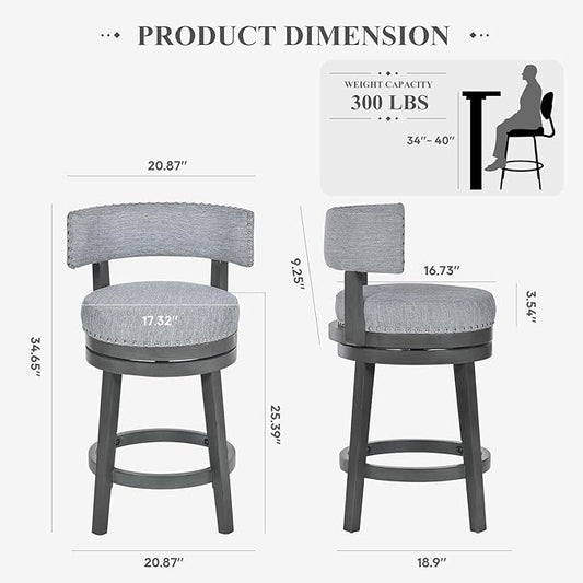 COLAMY Swivel Counter Height Bar Stools Set of 2, 25 Inch Modern Upholstered Kitchen Island Barstools with Back, Wood Swivel Bar Chairs for Counter Bar Dining Room, Grey
