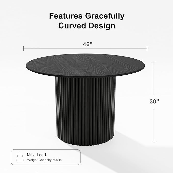 Casaphoria 46" Round Dining Table, Modern Wood Kitchen Table with Cylinder Stripe Base for Living Room & Dining Room, Easy Assembly Farmhouse Furniture for 4-6, Black