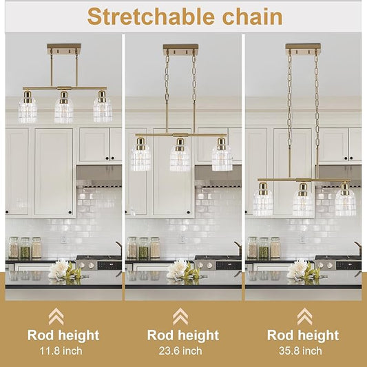FRIXCHUR Gold Kitchen Island Lighting, 3-Lights Linear Chandelier Pendant Light with Clear Glass Shade, Height Adjustable Industrial Chandelier Pendant Light for Kitchen Island Dining Room