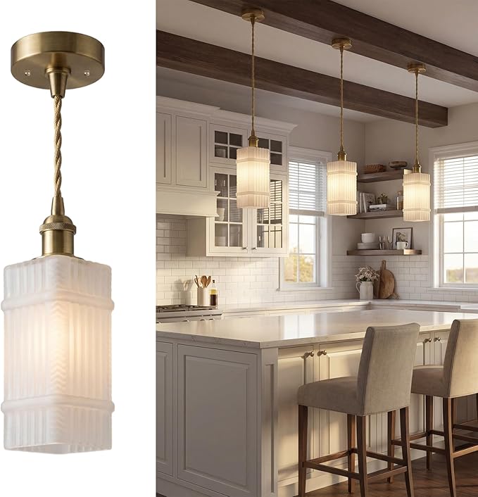 Milk Glass Striped Kitchen Island Pendant Light, Vintage Dining Room Light Fixture - Adjustable Hanging Light for Dining Room, Bedside, Vanity Area, Hallway & Entryway