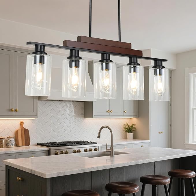 COTULIN 5-Light Farmhouse Kitchen Island Lighting, Dining Room Light Fixture, Rustic Wood Linear Chandelier Hanging, Black Pendant Light with Adjustable Rods and Clear Glass Shades