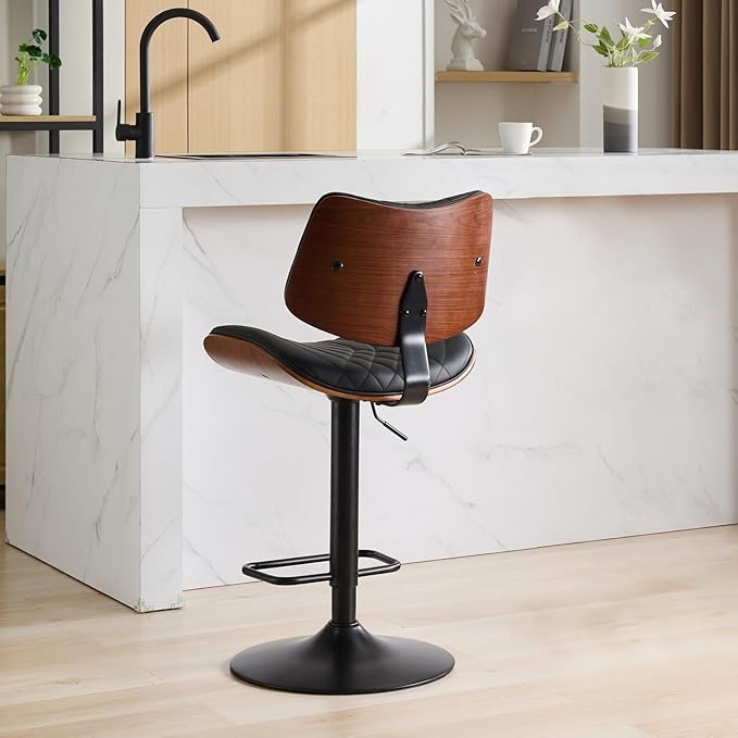 Modern Mid Century Adjustable Counter Height Leather Upholstered 360°Swivel Bar Chairs for Kitchen Island/Dining Room/Cafe, 1 Chair