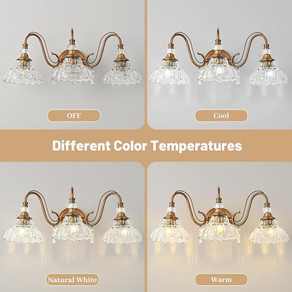 Vintage Bathroom Vanity Light, 3-Light Matte Antique Brass Finish Wall Sconce with Hanging Crystal Accents and Flower-Shaped Clear Glass Shades, Retro Wall Mount Vanity Light Over Mirror for Bathroom