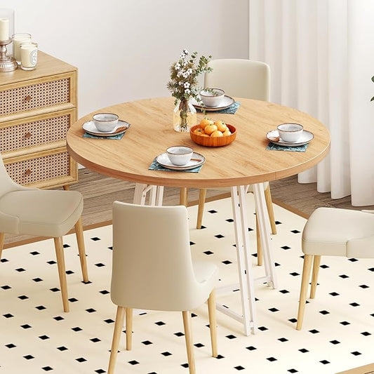 Giantex 47-inches Round Dining Table for 4-6 People, Kitchen Table with Metal Supporting Legs & Cross Base, Circle Dinner Tables for Dinette, Restaurant, Living Room, Dining Room, Natural & White