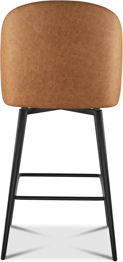Swivel Bar Stools Set of 2, 26 Inch Faux Leather Counter Height Barstools with Back and Metal Frame, Upholstered Counter Stools for Kitchen Island, Dining Room, Pub, Saddle Brown