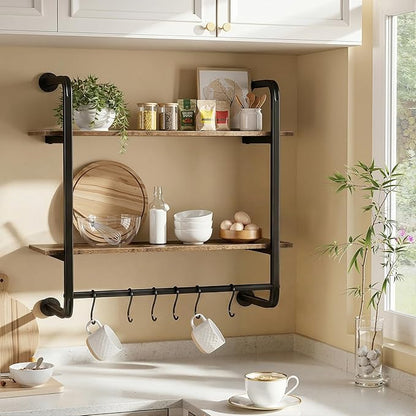 2 Tier Industrial Pipe Floating Shelf, 24" Kitchen Wall Shelves with Towel Bar & 6 Hooks, Coffee Bar Shelves Display Bookshelf Wall Shelf for Kitchen, Bathroom, Home Décor, Rustic Brown
