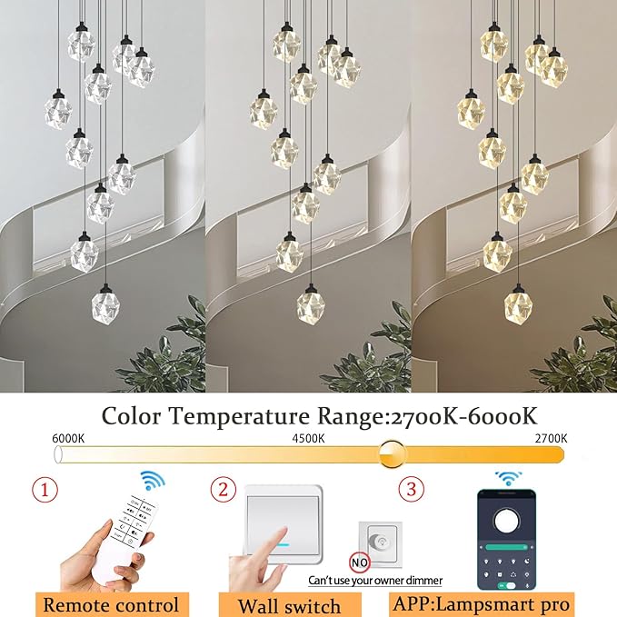 10-Lights Crystal Chandeliers for Living Room 120 inches Black Long Staircase Chandelier Foyer Entrance Crystal Ceiling Chandeliers LED Dimmable 3000-6000K