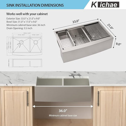 33 Farmhouse Sink Double Bowl - Kichae 33 Inch Apron Front Stainless Steel Double Bowl Low Divided 60/40 Ledge Workstation Handmade Farm Kitchen Sink