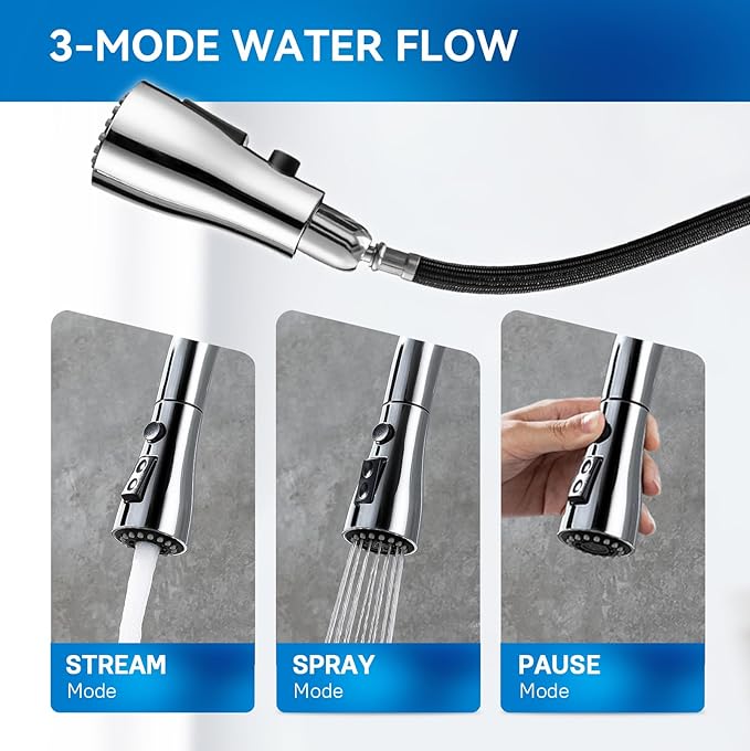 Kitchen Faucet with Pull Down Sprayer, Chrome Faucet for Kitchen Sink Stainless Steel Kitchen Faucets, Single Handle 1 or 3 Hole Faucet with Escutcheon for RV, Outdoor, Laundry & Bathroom Sink